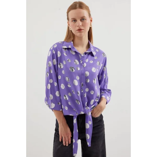 20243 Önü Bağlamalı Desenli Gömlek  Lila
