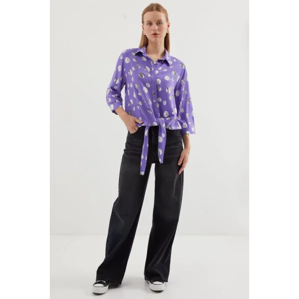 20243 Önü Bağlamalı Desenli Gömlek  Lila