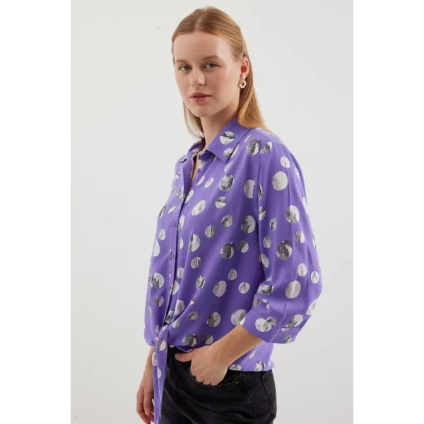 20243 Önü Bağlamalı Desenli Gömlek  Lila