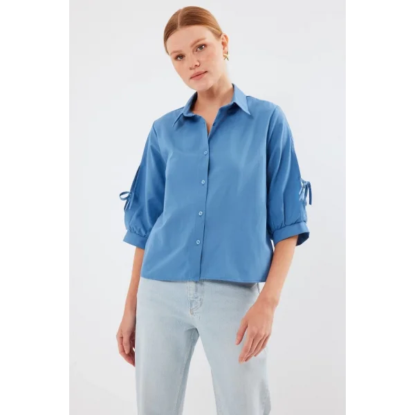 20246 Kol Detaylı Crop Gömlek  İndigo