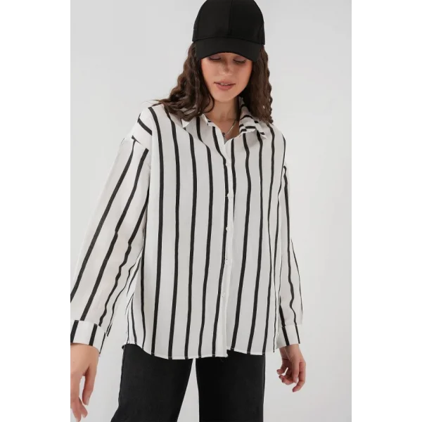 20254 Çizgili Oversize Basic Gömlek  Siyah  Beyaz