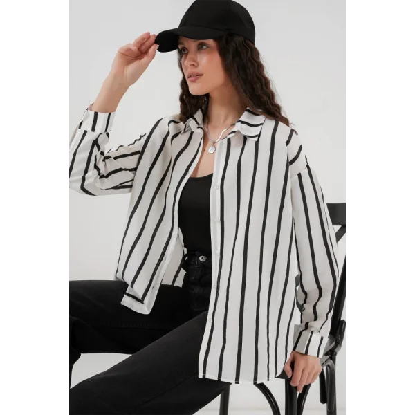 20254 Çizgili Oversize Basic Gömlek  Siyah  Beyaz