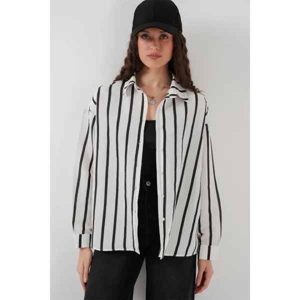 20254 Çizgili Oversize Basic Gömlek  Siyah  Beyaz