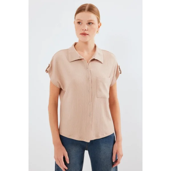 20256 Manşetli Double Kısa Kollu Gömlek  Bisküvi