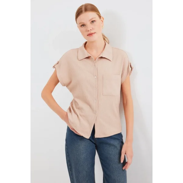 20256 Manşetli Double Kısa Kollu Gömlek  Bisküvi