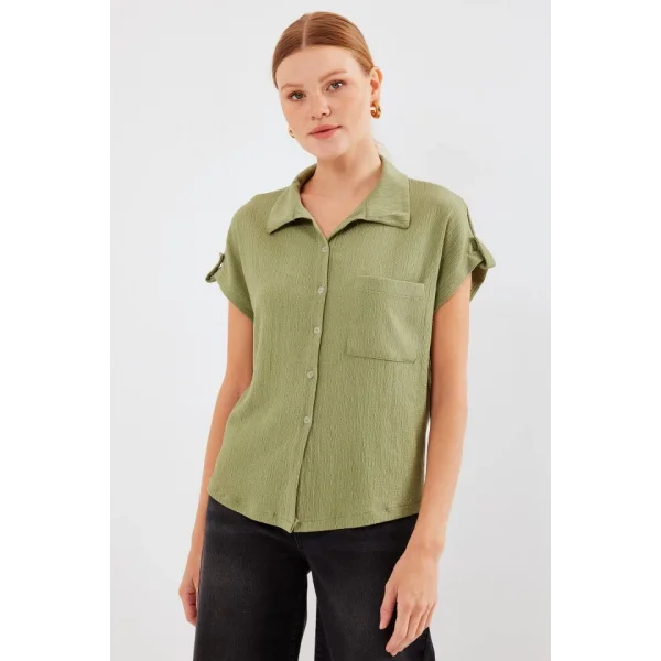 20256 Manşetli Double Kısa Kollu Gömlek  Çağla