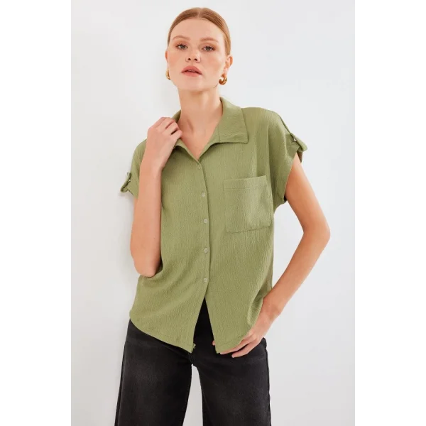 20256 Manşetli Double Kısa Kollu Gömlek  Çağla