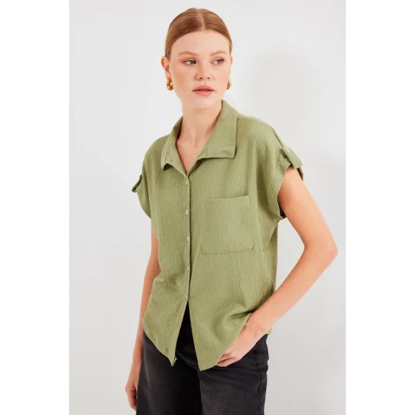 20256 Manşetli Double Kısa Kollu Gömlek  Çağla