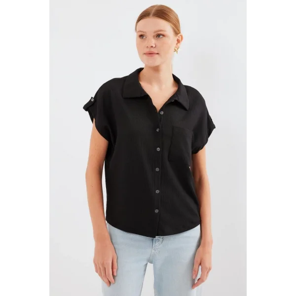 20256 Manşetli Double Kısa Kollu Gömlek  Siyah