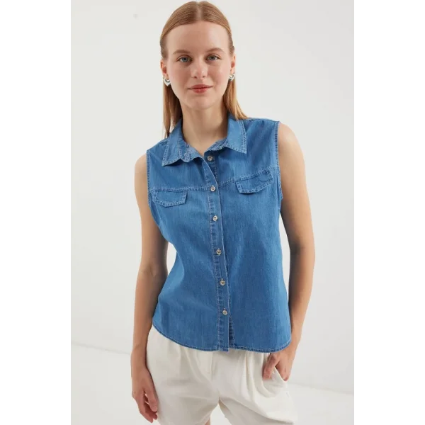 20257 Sıfır Kol Kot Gömlek  Lacivert