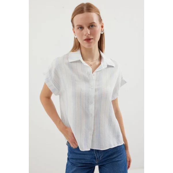 20261 Kısa Kol Oversize Keten Gömlek  Mavi