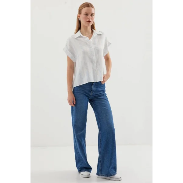 20261 Kısa Kol Oversize Keten Gömlek  Mavi