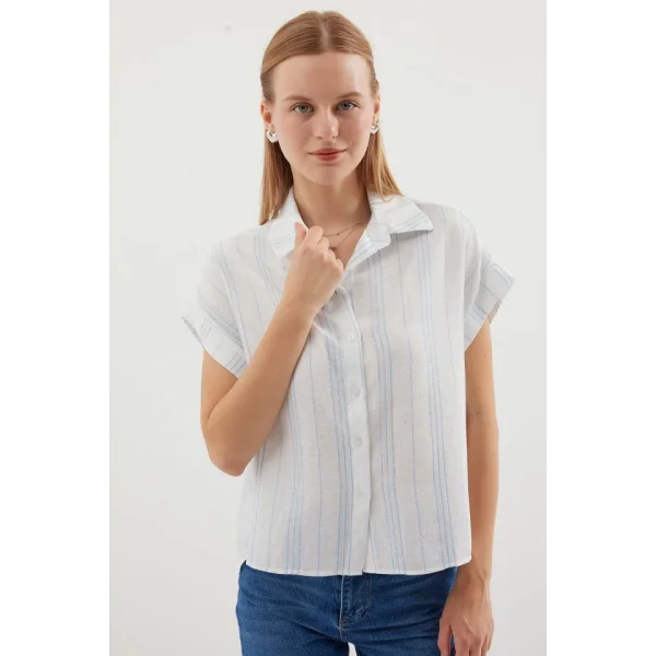 20261 Kısa Kol Oversize Keten Gömlek  Mavi