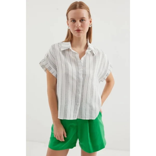 20261 Kısa Kol Oversize Keten Gömlek  Siyah