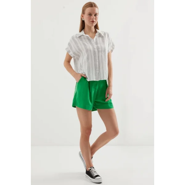 20261 Kısa Kol Oversize Keten Gömlek  Siyah