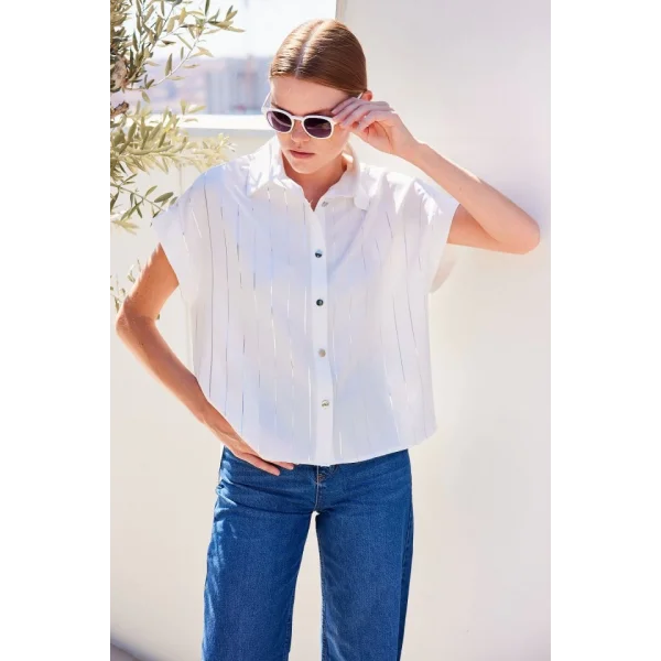 20262 Kısa Kol Çizgili Gömlek  Beyaz