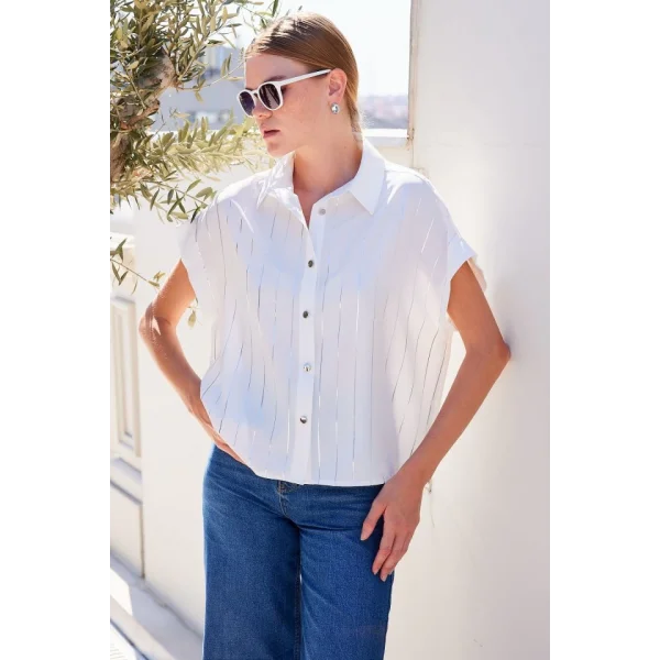 20262 Kısa Kol Çizgili Gömlek  Beyaz