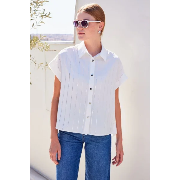 20262 Kısa Kol Çizgili Gömlek  Beyaz