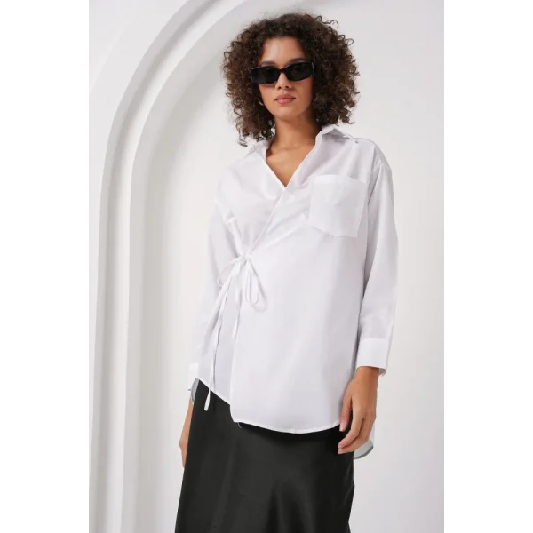 20271 Uzun Kruvaze Gömlek  Beyaz