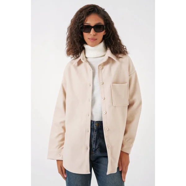 20273 Tek Cepli Düğmeli Kaşe Gömlek  Krem