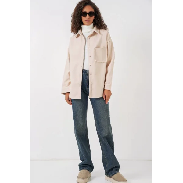 20273 Tek Cepli Düğmeli Kaşe Gömlek  Krem