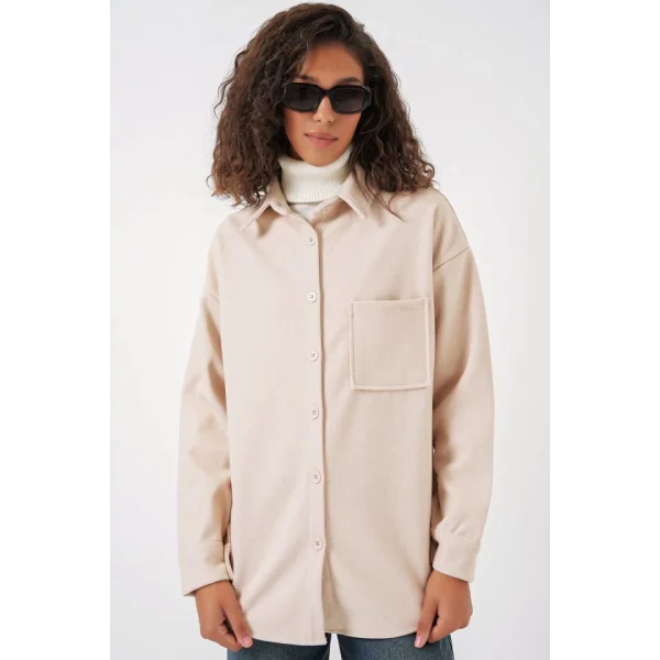 20273 Tek Cepli Düğmeli Kaşe Gömlek  Krem