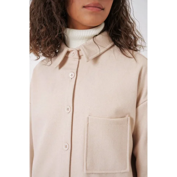 20273 Tek Cepli Düğmeli Kaşe Gömlek  Krem