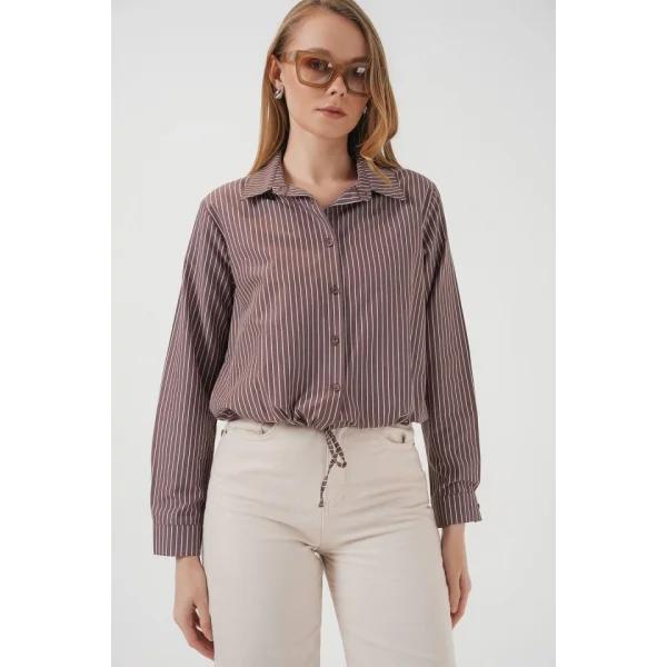 20276 Uzun Kol Çizgili Gömlek  Kahverengi