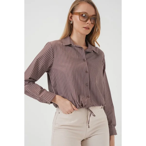20276 Uzun Kol Çizgili Gömlek  Kahverengi
