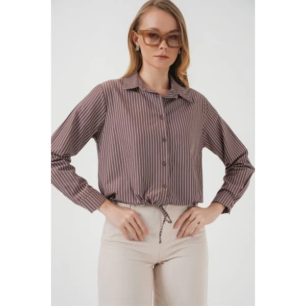 20276 Uzun Kol Çizgili Gömlek  Kahverengi