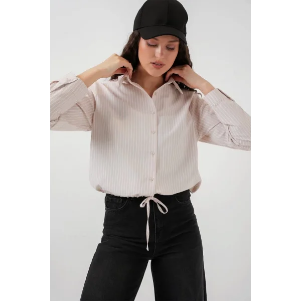 20276 Uzun Kol Çizgili Gömlek  Krem