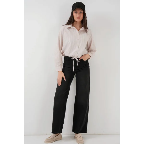 20276 Uzun Kol Çizgili Gömlek  Krem