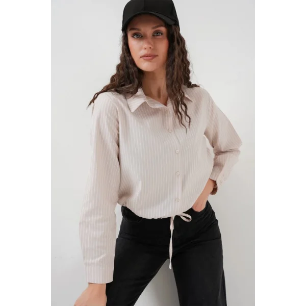 20276 Uzun Kol Çizgili Gömlek  Krem