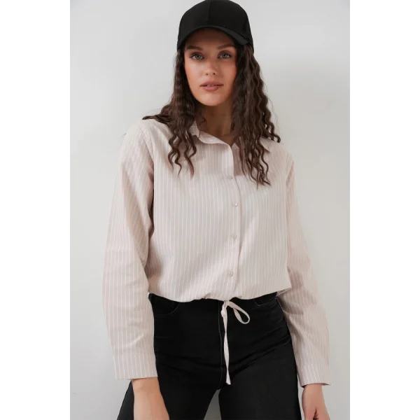 20276 Uzun Kol Çizgili Gömlek  Krem