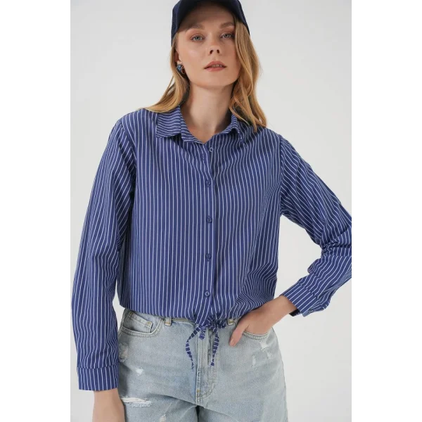 20276 Uzun Kol Çizgili Gömlek  Lacivert