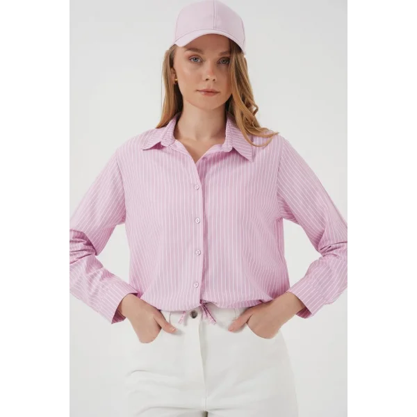 20276 Uzun Kol Çizgili Gömlek  Pembe