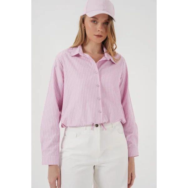 20276 Uzun Kol Çizgili Gömlek  Pembe