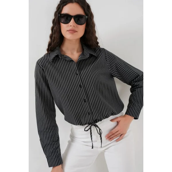 20276 Uzun Kol Çizgili Gömlek  Siyah
