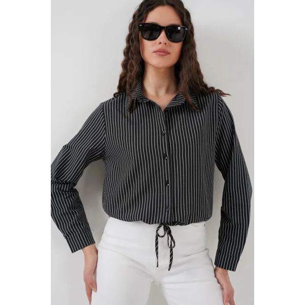 20276 Uzun Kol Çizgili Gömlek  Siyah