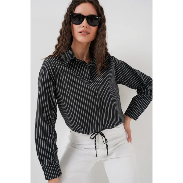 20276 Uzun Kol Çizgili Gömlek  Siyah
