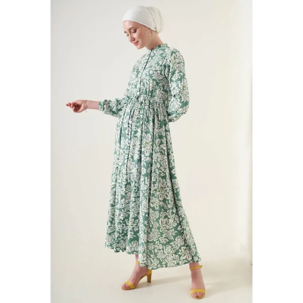 2144 Hakim Yaka Tesettür Elbise - Çağla