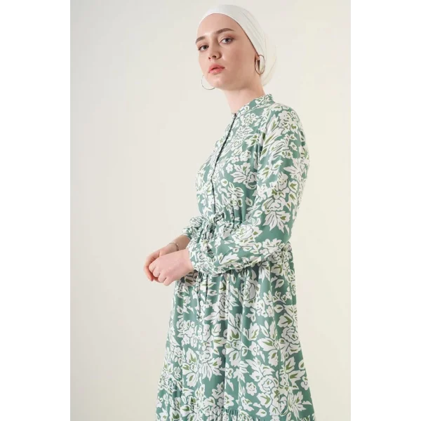 2144 Hakim Yaka Tesettür Elbise - Çağla