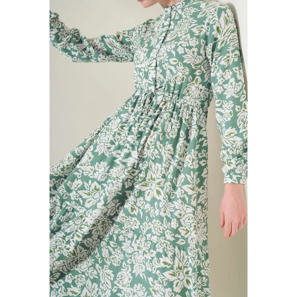 2144 Hakim Yaka Tesettür Elbise - Çağla