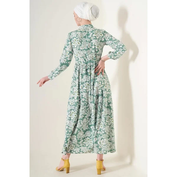 2144 Hakim Yaka Tesettür Elbise - Çağla