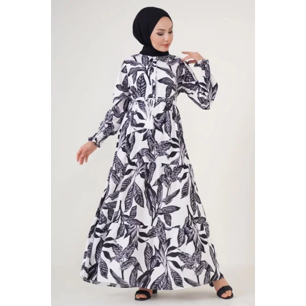 2145 Desenli Tesettür Elbise - Beyaz