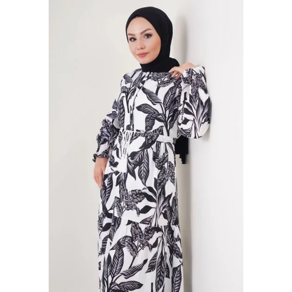 2145 Desenli Tesettür Elbise - Beyaz