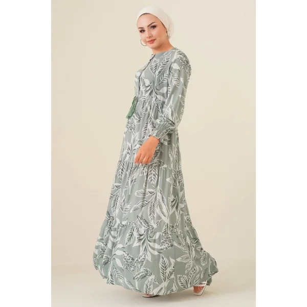 2145 Desenli Tesettür Elbise - Çağla