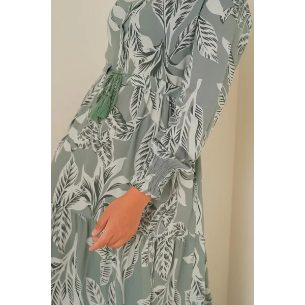 2145 Desenli Tesettür Elbise - Çağla