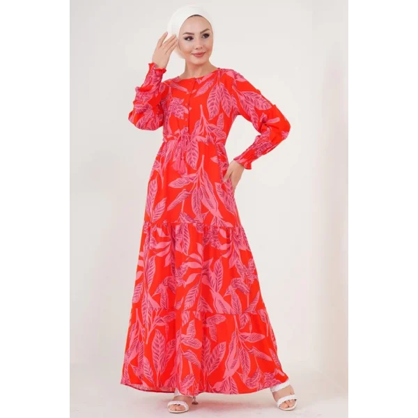 2145 Desenli Tesettür Elbise - Kırmızı