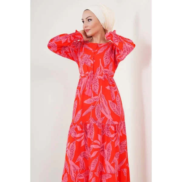 2145 Desenli Tesettür Elbise - Kırmızı